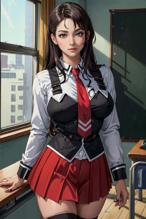 anime girl in uniform posing in front of a window