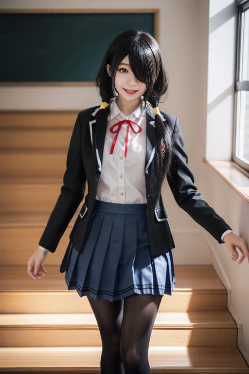 ultra-detailed,highly detailed,best quality,masterpiece,illustration,realistic, photo,photorealistic,
1girl, tokisaki kurumi,cosplay,hair over one eye, looking at viewer, happy girl,low twintails,
school uniform, blazer, collared shirt, neck ribbon, pleate...