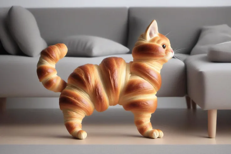 a photo of a cat made out of croissant with a tail, walking around in the living room, a cat fully made out of croissant structure