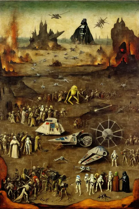 An antique painting depicting Star Wars scene, the Empire Strikes Back cahotic battle between the Imperial troops of the Galactic Empire and Rebels, (Cracked Paint Texture:1.1), Hieronymus Bosch Creature Style, Bosch_Creatures, 
Star Destroyer, AT-AT, AT-...