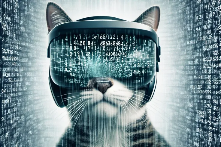 Double exposure close up image of AA cat playing game, wearing a VR Headset, looking up. Face merged into a matrix code waterfall, we see the double exposure break down on the face and numbers flowing like a waterfall backdrop