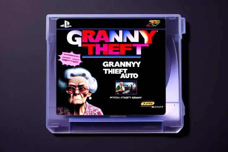 a  photo of a playstation CD jewel case of the game  "GRANNY THEFT AUTO" with a angry granny on the case with the text: "GRANNY THEFT AUTO", pitch black backdrop