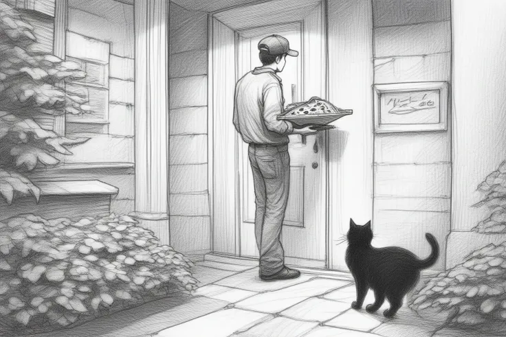 a hand-drawn black and white side view sketch of a pizza delivery man handing over a pizza to a cat, the cat waits in the doorway