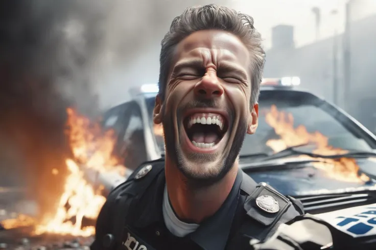 a hyper realistic macro close up picture of a man laughing, standing on the right front of the screen, burning police car on fire backdrop