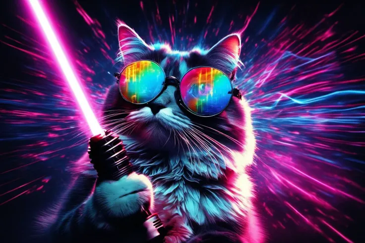 A hyper realistic picture of a: sub focus neon color double exposure image of a cat holding a lightsaber and wearing a neon RGB crown and LSD equalizer sound sunglasses, we see the double exposure break down on the sunglasses, the face and the party laser ...