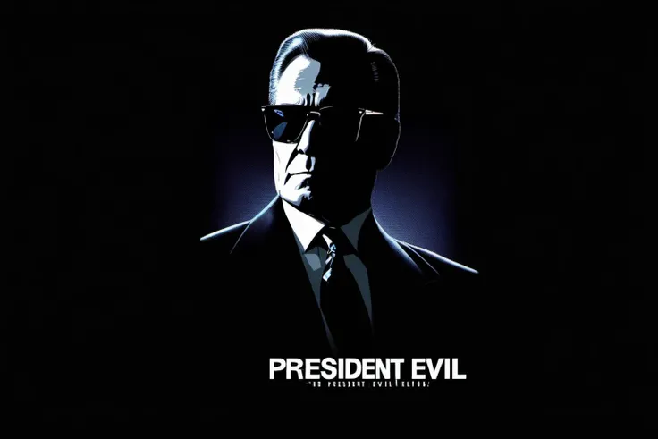 a movie poster of President Evil  wearing sunglasses, with the text"President Evil "