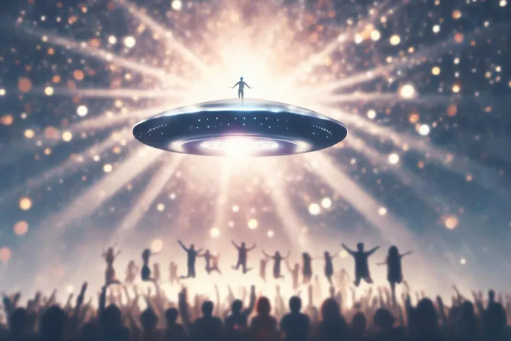 A UFO beaming up ((people flying in the sky)), people fly into the UFO via the beam, bokeh city backdrop