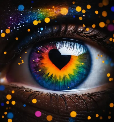 This close-up photograph shows a close-up of a human eye. The eye is painted in a rainbow of colors including orange, yellow, blue, and purple. In addition, a heart is depicted in place of the eye. The background is dark and there are multicolored sparks a...