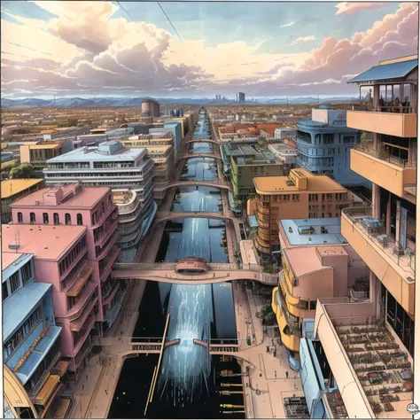 there is a painting of a city with a river running through it