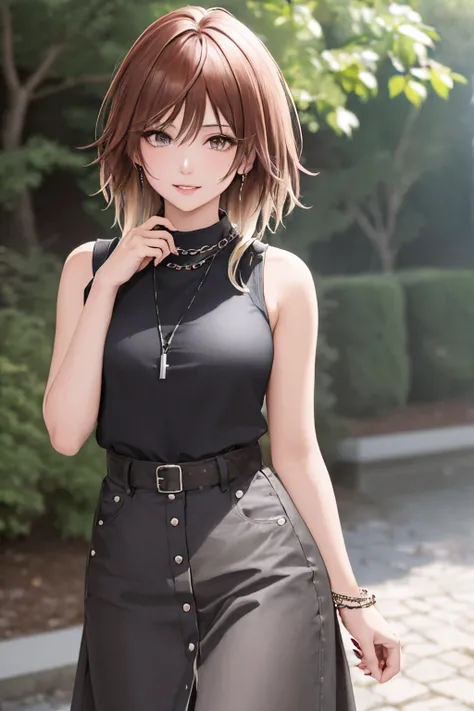 (masterpiece, best quality:1.2), <lyco:idolmaster_aketa-08:1.0>, cowboy shot, solo, 1girl, aketa mikoto, smile, closed mouth, looking at viewer, hand on own chest, black shirt, sleeveless shirt, long skirt, belt, jewelry, necklace