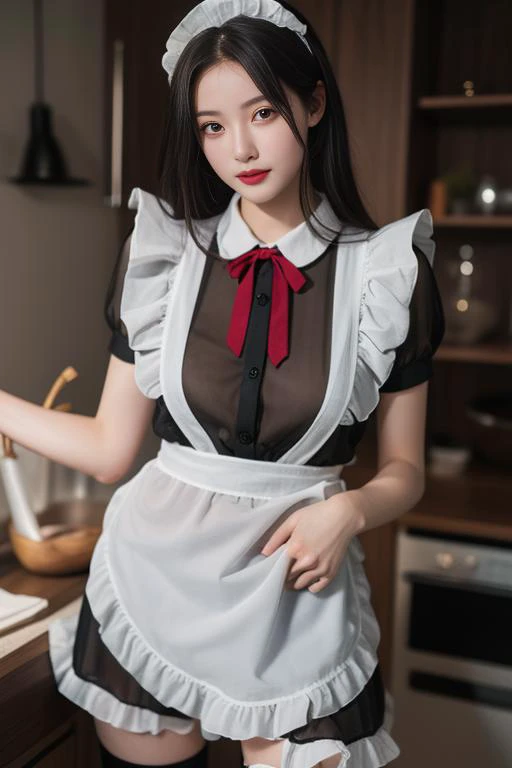 ultra-detailed,highly detailed,best quality,masterpiece,illustration,realistic,
nvpu, 1girl, solo, maid, cosplay,
maid headdress,maid apron, neck ribbon, waist bow, see-through, naked,underwear,kneehighs,
looking at viewer,upper body, 
<lora:nvpu maid_v1_0...