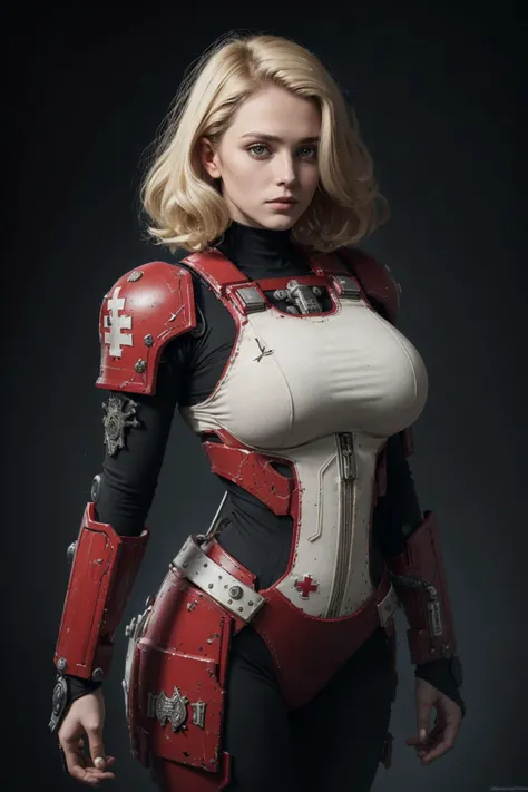 RAW photo, subject, 8k uhd, dslr, soft lighting, high quality, film grain,solo,Sci-fi style,Warhammer 40k theme,A Medic,young,beautiful face,blonde hair,serious,High-tech, mechanical exoskeleton,Combat  bodysuit,huge breasts,Red Cross,standing,simple backg...