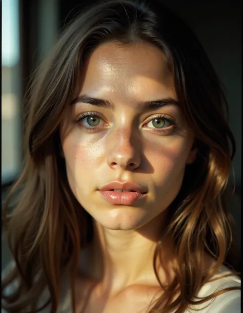 photo of young brunette, looking at the camera, close up of face with lens aberrations, color negative, with sunlight filtering ...