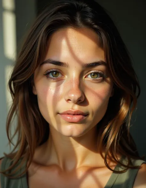 photo of young brunette, looking at the camera, close up of face with lens aberrations, color negative, with sunlight filtering ...