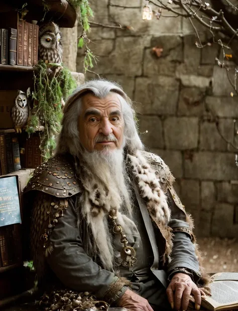 RAW photo,  an old steampunk wizard is sitting on a bench, long flowing gray hair, (vast crumbling labyrinth:1.2) background, tired gaze, mossy walls, (piles of scattered books:1.1), (owl:1.3) on shoulder, light skin, high detailed skin,  <lora:[S] 80s Mov...