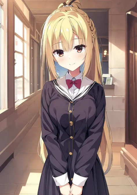 anime girl in a school uniform standing in a hallway