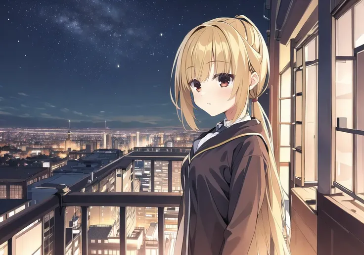 masterpiece, best quality, 1 girl, <lora:ariharaNanamiRiddleJoker_v1E2:0.7>, nanami, yellow hair, red eyes, rooftop, buildings, night cowboy shot