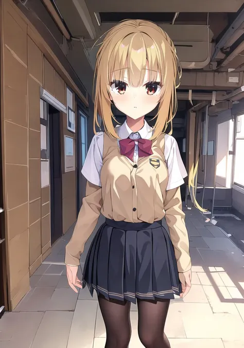 anime girl in school uniform standing in a hallway with a bow tie