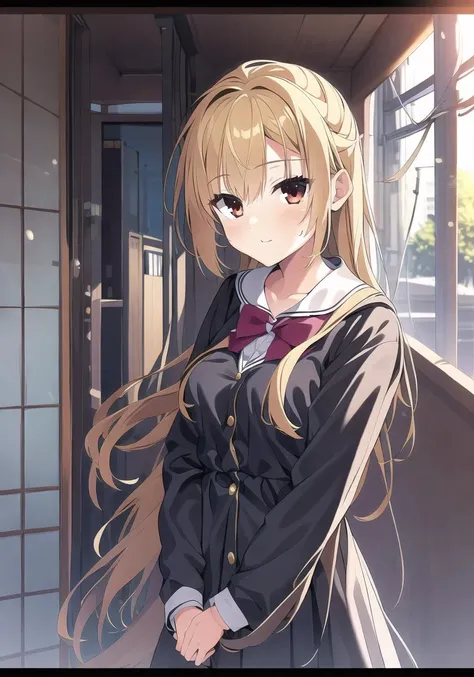 anime girl with long blonde hair and a bow tie standing in a hallway