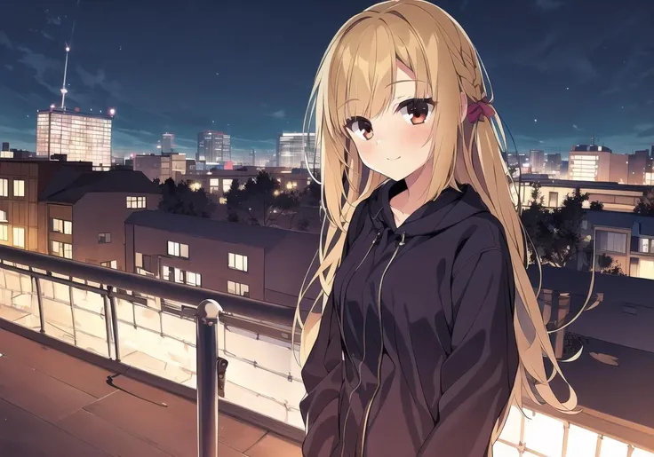 masterpiece, best quality, 1 girl, <lora:ariharaNanamiRiddleJoker_v1E2:0.7>, nanami, yellow hair, red eyes, rooftop, buildings, night, cowboy shot