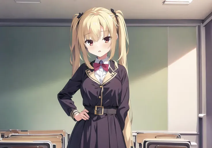 anime girl in a school uniform standing in front of a classroom