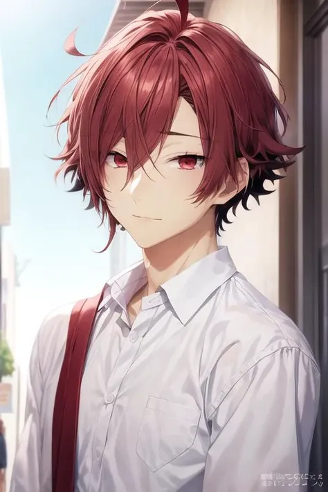 masterpiece, best quality, high quality, 1boy, solo, male focus, looking at viewer, upper body, <lora:akane_yanagi:0.74>, akane_yanagi, red hair, red eyes, hair between eyes, ahoge, , gakuran