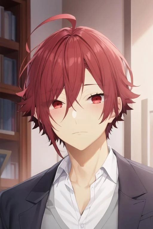 masterpiece, best quality, high quality, 1boy, solo, male focus, looking at viewer, upper body, <lora:akane_yanagi:0.82>, akane_yanagi, red hair, red eyes, hair between eyes, ahoge, ,