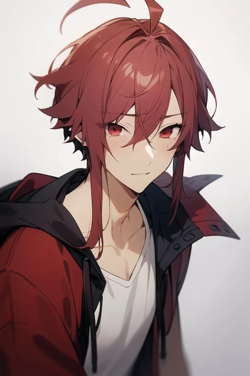 masterpiece, best quality, high quality, 1boy, solo, male focus, looking at viewer, upper body, <lora:akane_yanagi:0.62>, akane_yanagi, red hair, red eyes, hair between eyes, ahoge, , hoodie