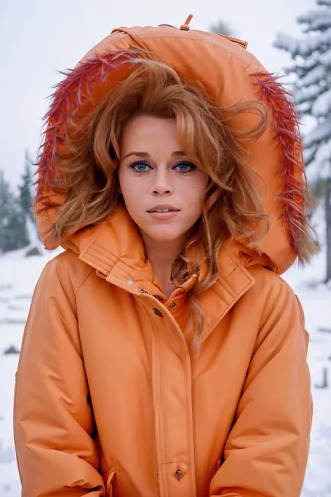 Jane Fonda, (woman:1.2), (female:1.2), (8k, RAW closeup portrait photo, best quality, masterpiece:1.2), (realistic, photo-realistic:1.37), (highest quality), (orange parka:1.4), (in the snow:1.3), (morning:1.2), (sunrise:1.3), (show no skin:1.3), <lora:Jan...