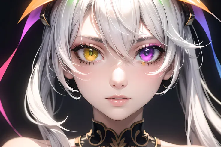 upper body, solo, close up of a beautiful face, intricate detail, <<left eye yellow|red|green|blue|pink|purple|orange|white|black>>, <<right eye yellow|red|green|blue|pink|purple|orange|white|black>>, (heterochromia:1.3), <lora:heterochromia-LoRA:1.2>