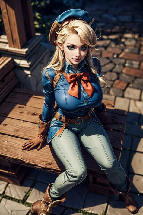 araffe cosplaying in a blue outfit and hat sitting on a bench