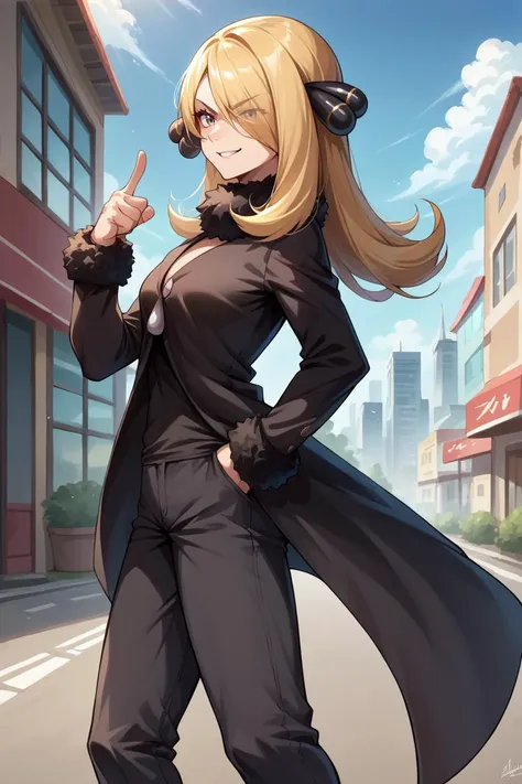 a woman in a black coat and black pants standing on a street