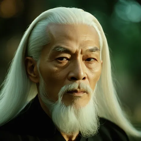 cinematic film still of  <lora:Kill Bill style:0.8>
Cinematic film image of Pai Mei a man with a white beard and a white wig,solo,hair ornament,1boy,white hair,male focus,facial hair,thick eyebrows,portrait,beard,realistic,mustache,manly,old,old man , Koda...