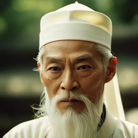 cinematic film still of  <lora:Kill Bill style:1>
Cinematic film image of Pai Mei a man with a long white beard and a white hat,solo,looking at viewer,1boy,upper body,white hair,male focus,outdoors,blurry,facial hair,thick eyebrows,letterboxed,beard,mustac...