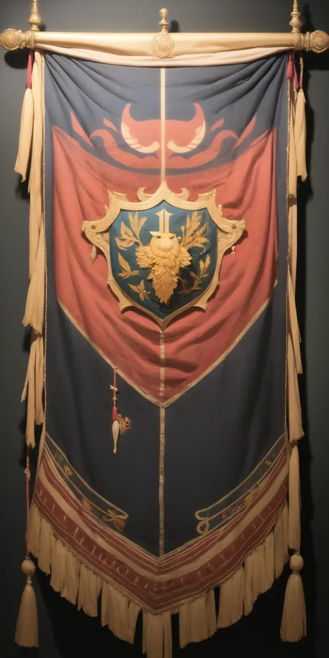 a close up of a flag hanging on a wall with tassels