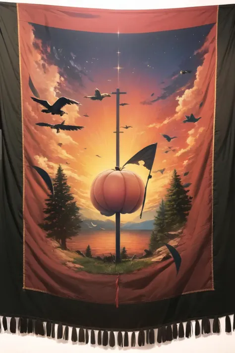 a close up of a tapestry with a picture of a pumpkin and birds