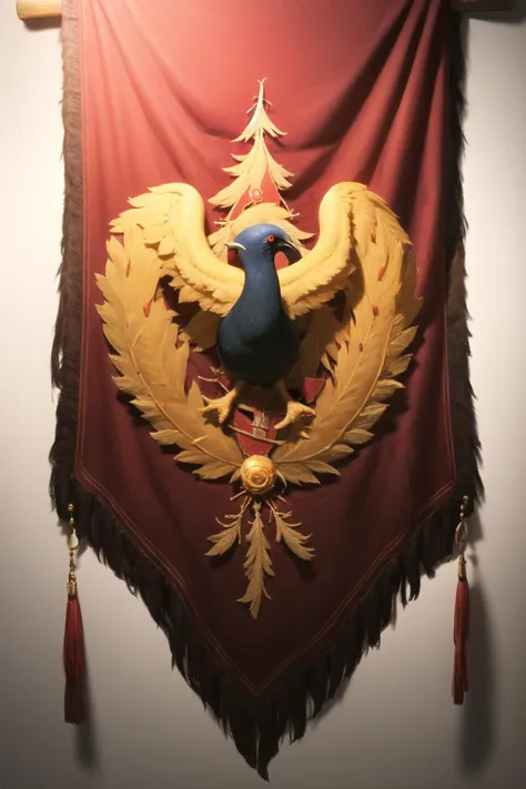 a close up of a flag with a bird on it