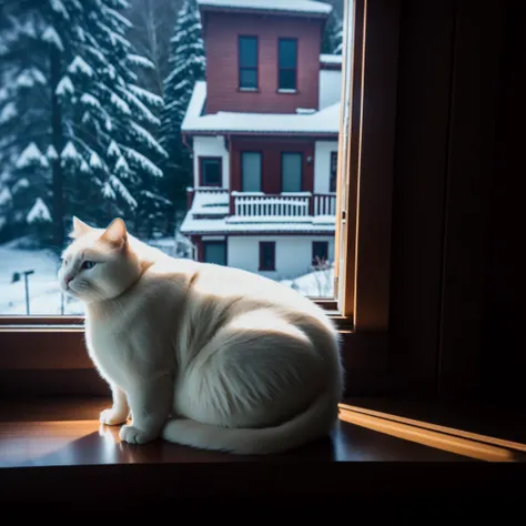 detailed  close-up photo of fat white cat next to the window,  dark theme, <lora:nLoRA:0.8>, direct warm light, red wood walls, walls made of red wood, night, winter, low key, rim lighting, high contrast, deep shadows, dimly lighted, sharp focus, solid whi...