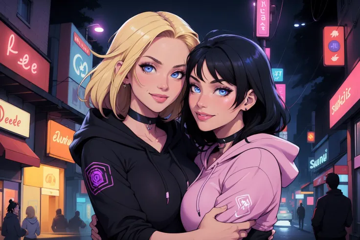 (masterpiece,  detailed,  highres:1.4),  (hotify:1.2),  2girls,  hugging,  upper body,  wind,  swaying black hair,  blonde hair,  hoody,  choker,  sapphire blue eyes,  streets at night,  purple neon lights,  smiling