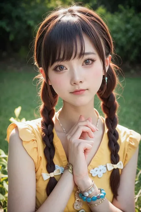 a close up of a woman with a braid in a yellow dress