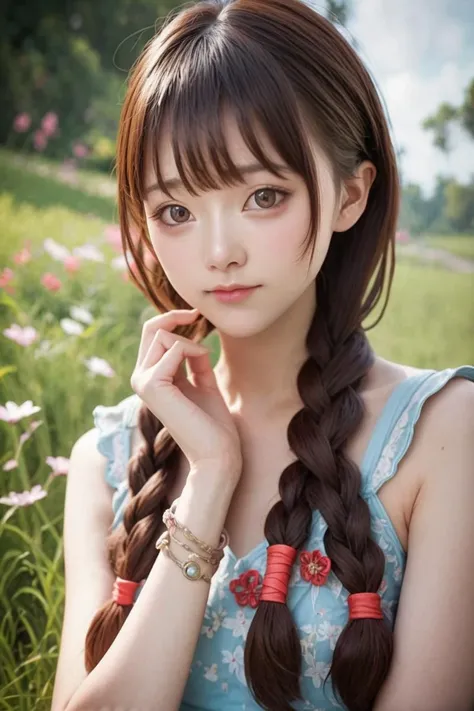 a close up of a woman with long hair wearing a blue dress