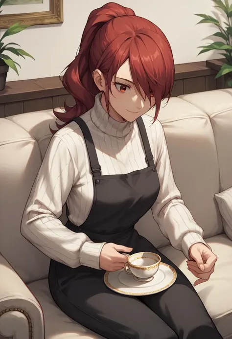 score_9, score_8_up, score_7_up, source_anime, 1girl, smile, <lora:persona3_kirijou_ponyXL:1> kirijodef, hair over one eye, ponytail, white sweater, long sleeves, black apron, black pants, sitting, couch, teacup