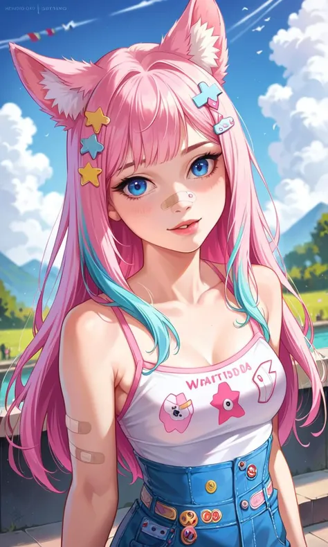 a girl with pink hair and blue eyes wearing a white shirt