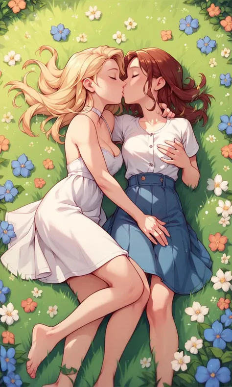 score_9, score_8_up, score_7_up, score_6_up, score_5_up, score_4_up, 2girls kissing,  love, romantic, flowers, leaning on grass, masterpiece, highly detailed