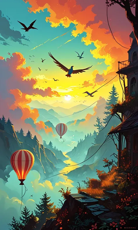 score_9, score_8_up, score_7_up, artistic, cinematic lighting, vivid, A colorful array of hot air balloons rising into the morning sky, with birds flying alongside them, masterpiece, absurdres, <lora:MJ52:0.6>,  <lora:fog_creatures_v4:0.7> msfg, fog, smoke...