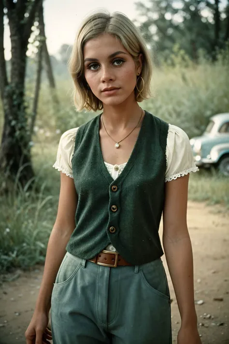 gorgeous authentic 1960s boho vintage color analog portrait, (sfw) [1girl:<lora:tw1ggy:0.9> tw1ggy:0.0], short blonde hair, detailed skin, realistic skin, as a deranged e-girl, wearing charming 1960s boho suede vest, pants, outdoors, cluttered 1960s boho p...