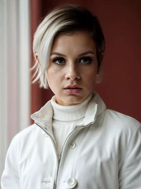 Realistic photo of a beautiful tw1ggy woman, 1girl,solo,looking at viewer,white hair,very short hair,simple background,white background,jacket,parted lips,black eyes,lips,coat,eyelashes,turtleneck,portrait,red jacket,soft lighting, professional Photography...