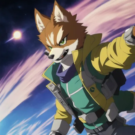 one starfox, anime style, anime, draw with pencil, cell shading, hold a raygun, full body, fanart, laser ray, extremely detailed...