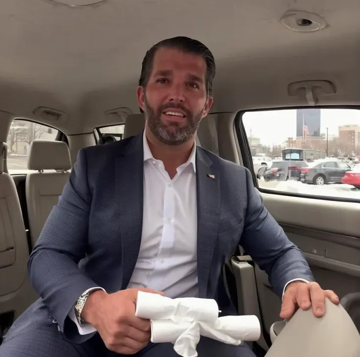 arafed man in a suit sitting in a car with a napkin