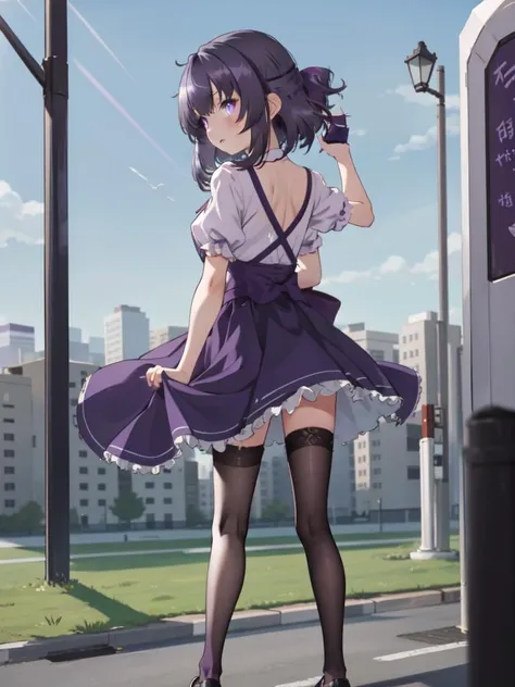 masterpiece, best quality, 1girl, solo, full body, running, from back, windy, public place background, skindentation, thighhighs, short dress with frills, fallenshadow, purple eyes, hair bow, sidelocks, purple hair,  <lora:char-shondo:1>